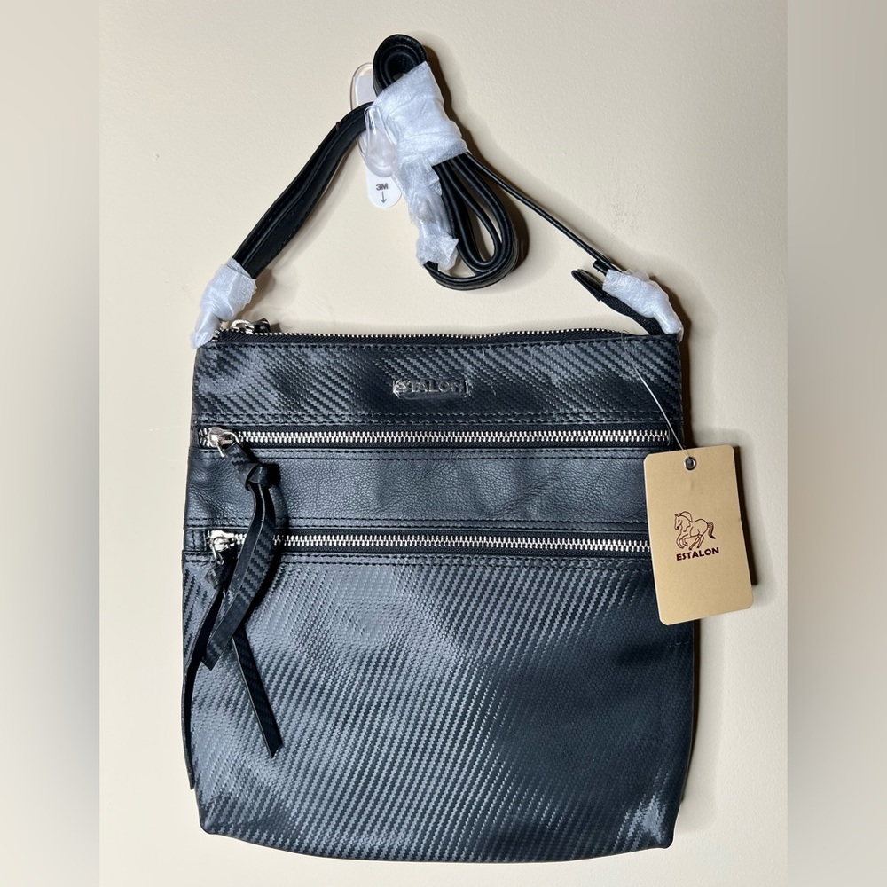 ESTALON New With Tags Black Indian Leather Crossbody Bag Purse. Triple Zip.Horse
